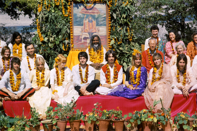 The Beatles and their wives at the Rishikesh in India with the Maharishi Mahesh Yogi in February of 1968