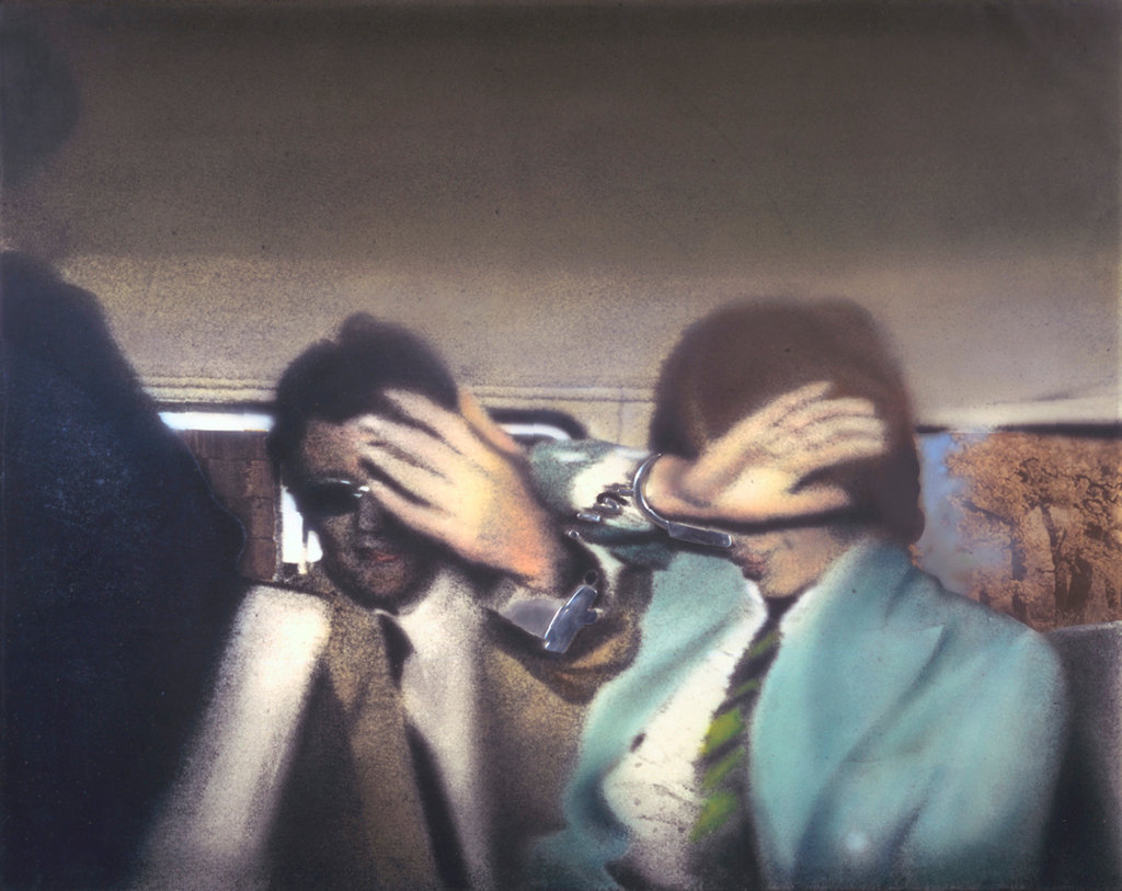 Mr. Hamilton's “Swingeing London,” which shows Robert Fraser, left, and Mick Jagger after their drug arrest in 1967.